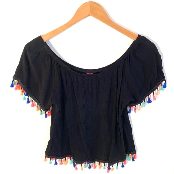 Social teen Off the Shoulder black tasseled Blouse, Sizes L - Picture 4 of 4